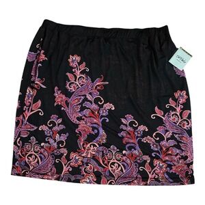 Bob Mackie Wearable Art sz 2X Black Pink Paisley Floral Pull On Midi‎ skirt NWT